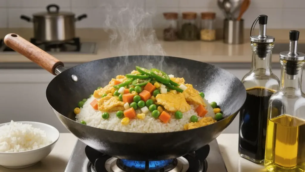 Arroz frito com Cheongyang, ovo e legumes