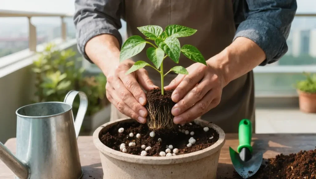 Transplante, vaso e espaçamento