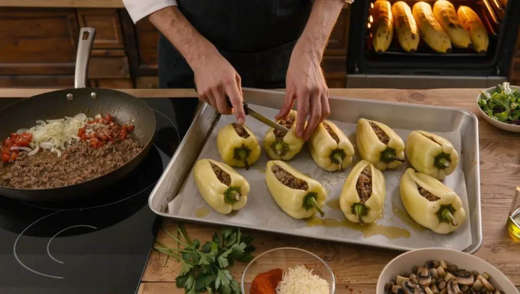 Banana Pepper recheada com carne picada e arroz