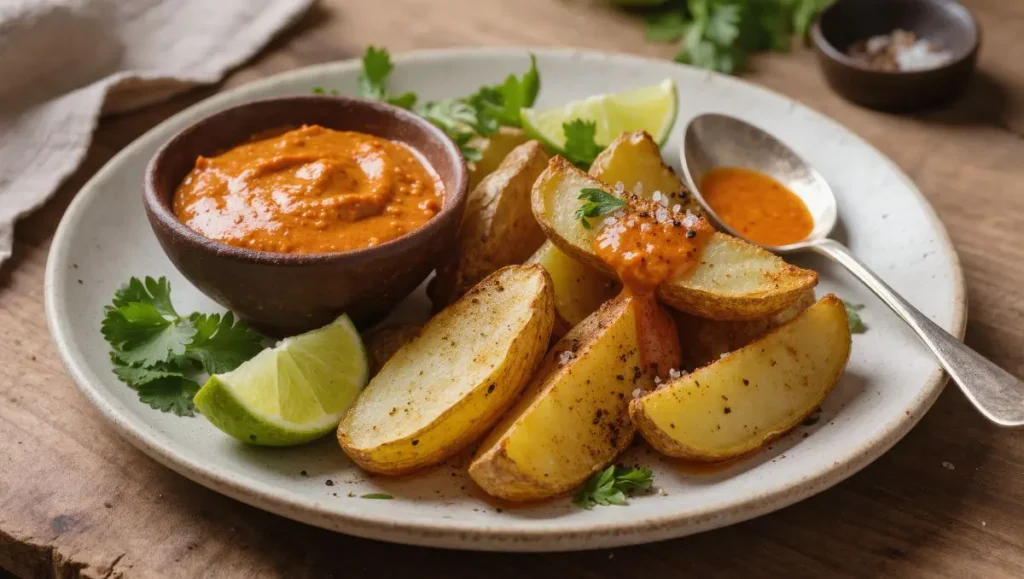 Batatas rústicas com creme de Aji Colorado
