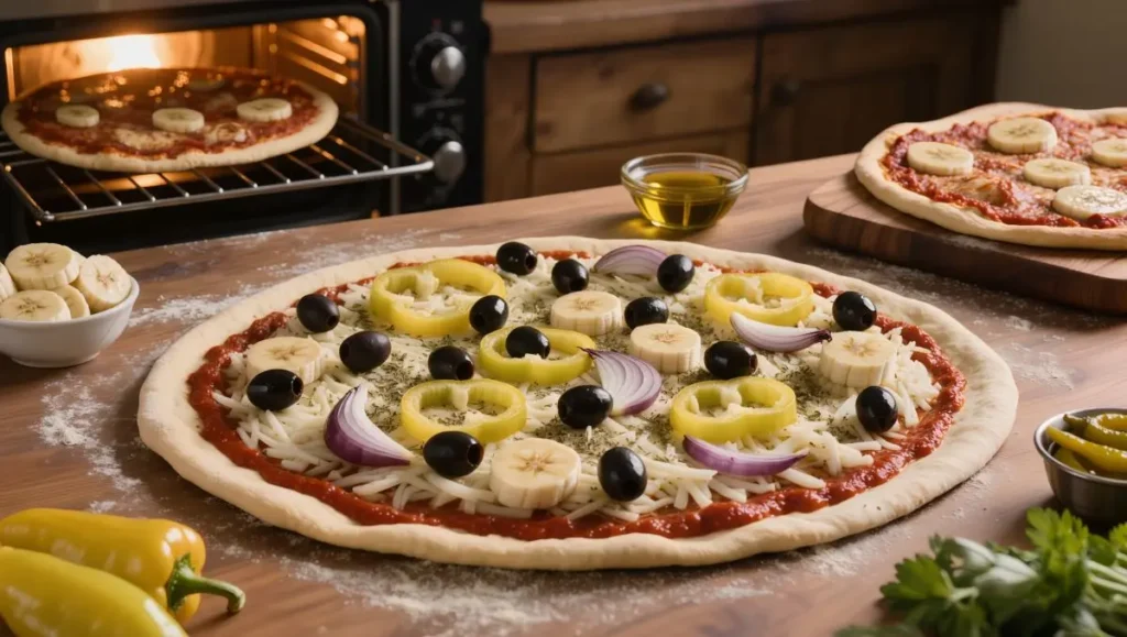 Pizza caseira com Banana Pepper, queijo e azeitonas